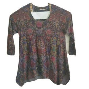 Soft Surroundings Red Brown Floral Knit Tunic Shirt Top Scoop Neck Petite PXL